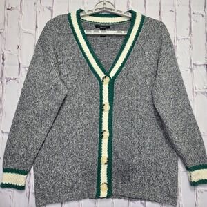 Forever 21 Mens Small Marled Grey Varsity Cardigan Sweater Green Preppy Shawl